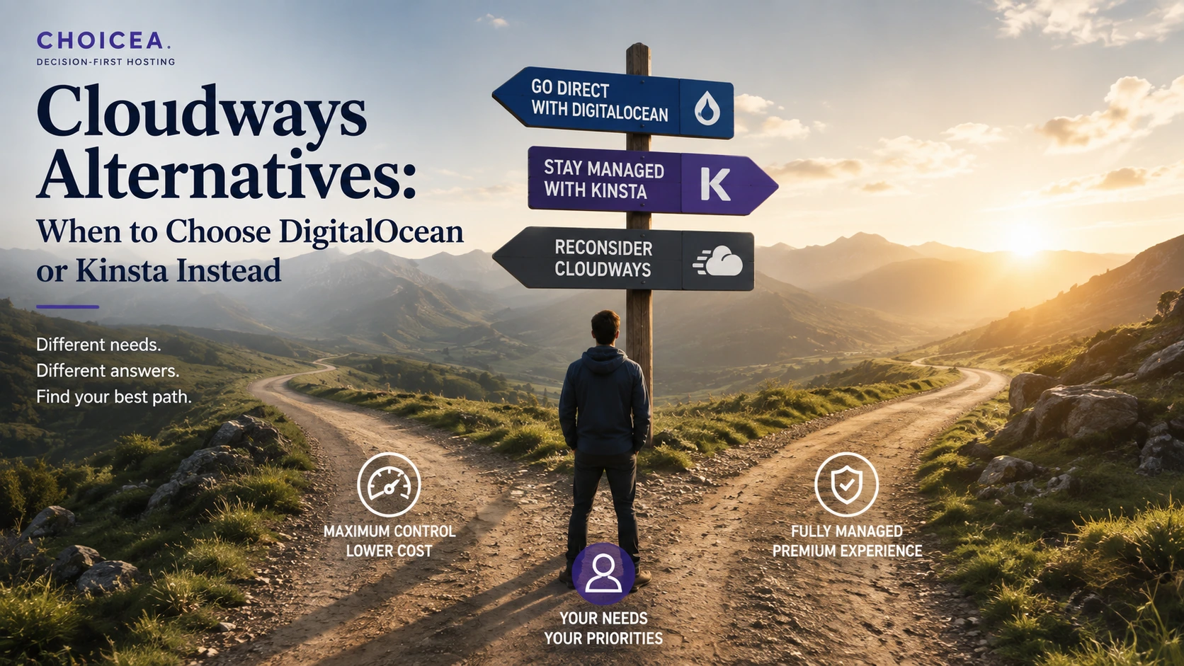 A person standing at a signpost on a mountain path with three directions — go direct with DigitalOcean, stay managed with Kinsta, or reconsider Cloudways — framed around the decision of which fits your needs and priorities.
