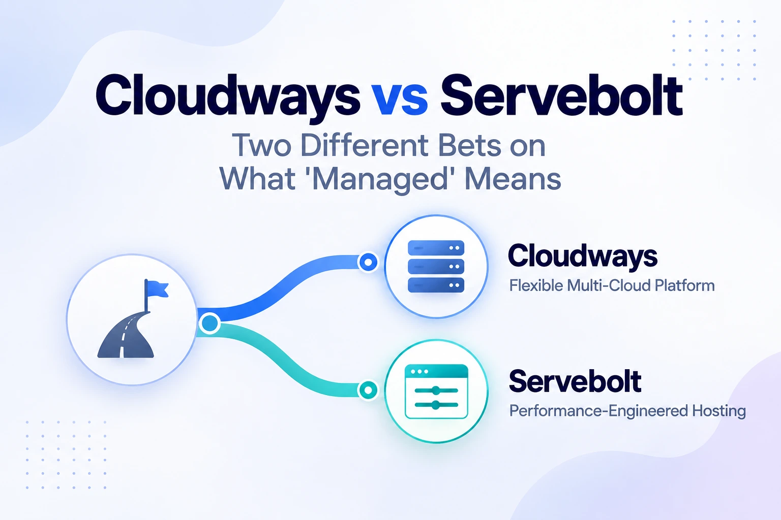 A level balance scale with a cloud icon on one side and a speedometer/performance-gauge icon on the other, divided by a neutral "VS" badge, illustrating a balanced, no-declared-winner comparison between flexibility-priced and performance-priced managed hosting.